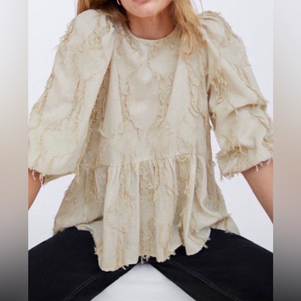 Zara Tan Fringe Detail Puff Sleeve Cotton/Linen Blend Top.